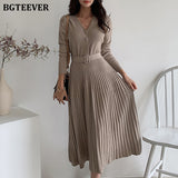 BGTEEVER Elegant V-neck Single-breasted Thicken Sweater Dress