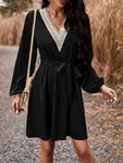 Long Sleeve Tie Waist V-Neck Mini Dress