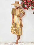 Striped Tie Belt Round Neck Puff Sleeve Dress