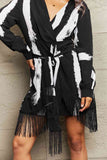 Printed Fringe Detail Surplice Neck Mini Dress