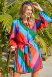 Multicolored Tie-Waist Pleated Balloon Sleeve Dress