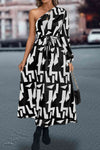 Printed One-Shoulder Tie Waist Dress