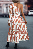 Printed One-Shoulder Tie Waist Dress