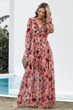 Floral Frill Trim Flounce Sleeve Plunge Maxi Dress