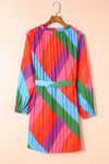 Multicolored Tie-Waist Pleated Balloon Sleeve Dress