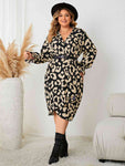 Plus Size Leopard Surplice Neck Flounce Sleeve Dress