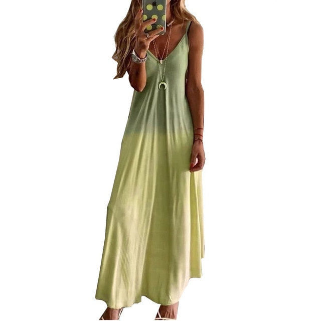 Vintage Leaf Print Dress Sexy Spaghetti Strap V Neck Long Dress