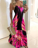 Vintage Leaf Print Dress Sexy Spaghetti Strap V Neck Long Dress