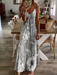 Vintage Leaf Print Dress Sexy Spaghetti Strap V Neck Long Dress