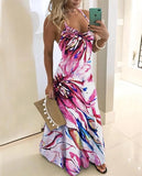 Vintage Leaf Print Dress Sexy Spaghetti Strap V Neck Long Dress