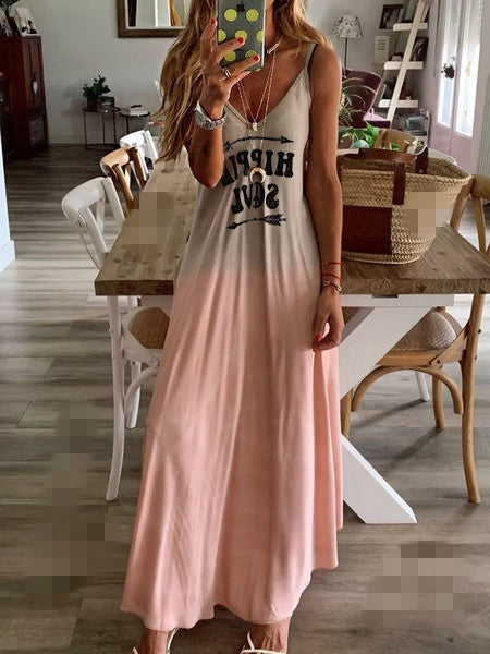 Vintage Leaf Print Dress Sexy Spaghetti Strap V Neck Long Dress