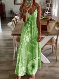 Vintage Leaf Print Dress Sexy Spaghetti Strap V Neck Long Dress