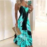 Vintage Leaf Print Dress Sexy Spaghetti Strap V Neck Long Dress