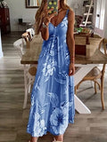 Vintage Leaf Print Dress Sexy Spaghetti Strap V Neck Long Dress