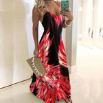 Vintage Leaf Print Dress Sexy Spaghetti Strap V Neck Long Dress