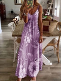 Vintage Leaf Print Dress Sexy Spaghetti Strap V Neck Long Dress