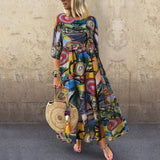 Long Pleated Print Maxi Dress