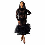 Black Organza Ruffle Sheer Lace Party Dress