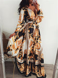 Deep V-neck Floor Length Print Formal Dress