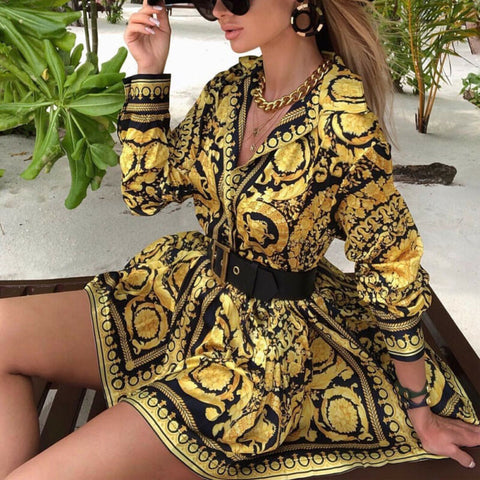 Fashion Boho Long Sleeve V-neck mini dress