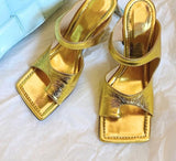 Elegant Gold Square Toe High Heels Sandal