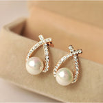 Gold & Silver Color Cross Crystal Stud Earrings for Women Elegant Cute Pearl