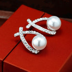 Gold & Silver Color Cross Crystal Stud Earrings for Women Elegant Cute Pearl