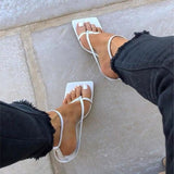 White Narrow Band Vintage Square Toe High Heels Sandals