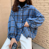 Women Blouses Turn-down Collar Spring Shirts Plaid