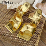 Elegant Gold Square Toe High Heels Sandal