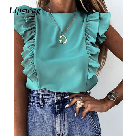 Sleeveless Blouse with Ruffle Shoulder and O-neck