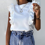 Sleeveless Blouse with Ruffle Shoulder and O-neck