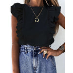 Sleeveless Blouse with Ruffle Shoulder and O-neck