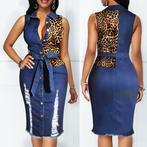 Leopard Patchwork Denim Midi Dress Sleeveless