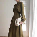 Vintage Long Sleeve Elegant Pleated  Collar Midi Dress