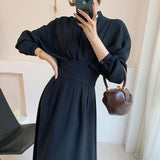 Vintage Long Sleeve Elegant Pleated  Collar Midi Dress