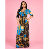 V-neck Print Bandage Hem Maxi Dress