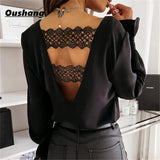 Sexy Lace Women's V neck Long Sleeve Blouse