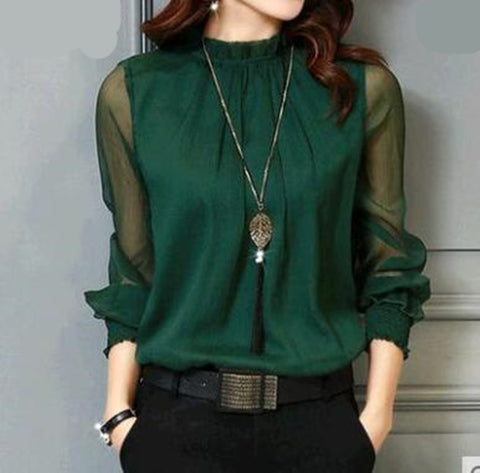 Elegant Ladies Blouses with Sheer Long Sleeves