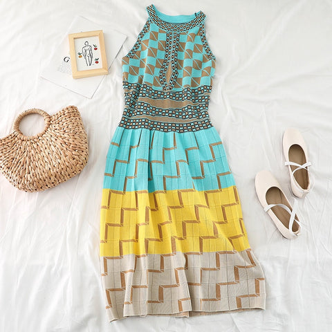 Teal, Yellow and Beige Geometric Knee-length Dress