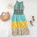 Teal, Yellow and Beige Geometric Knee-length Dress