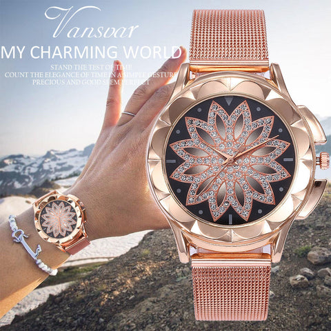 Rose Gold Flower Rhinestone Female Wrist Watch