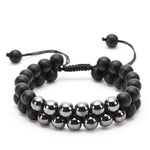 8mm Black Matte Hematite Double Row Beaded Bracelet Adjustable