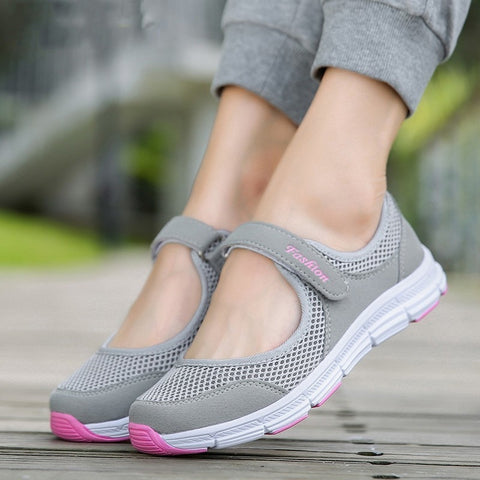 Ladies Grey and Pink Mesh Flat Sneakers